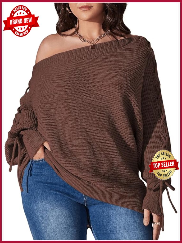 Plus Size Off Shoulder Lace Up Knit Pullover Sweater